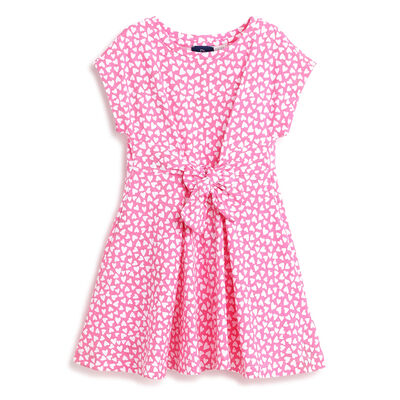 Girls White and Pink Printed Short Sleeve Dress